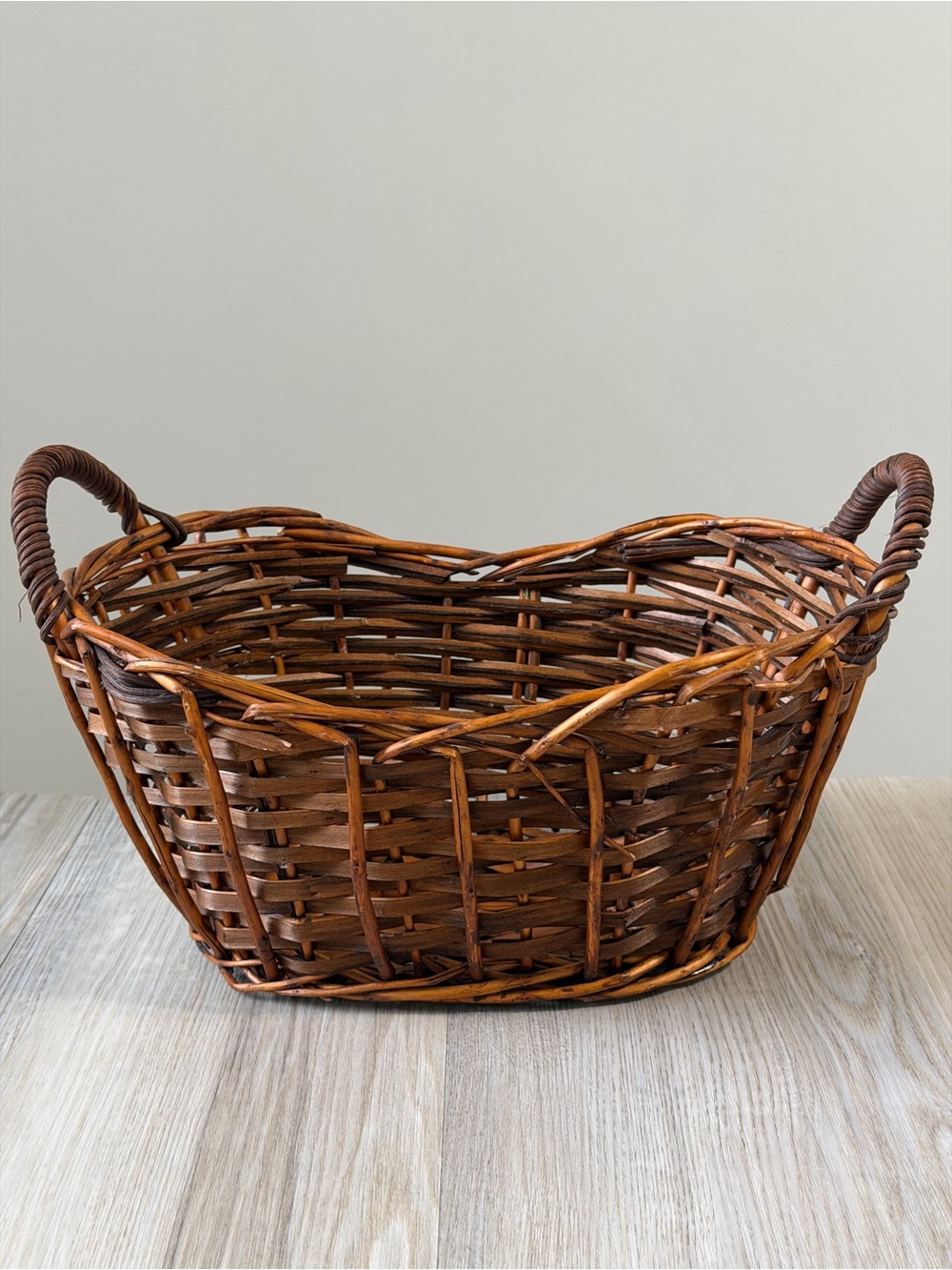 Wicker Willow Gathering Basket Side Handles Rustic Fall Handwoven Brown Oval